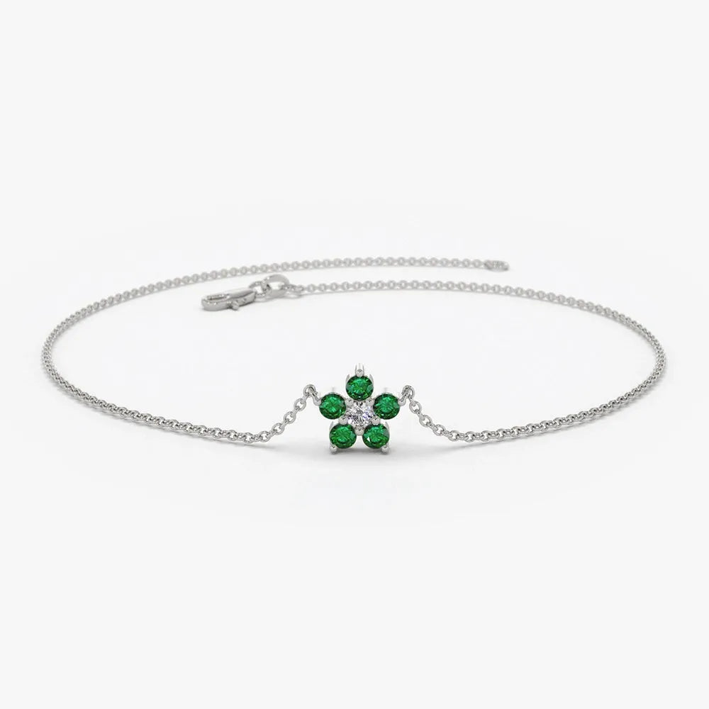 14K Solid Gold Round Emerald and Diamond Flower Charm Bracelet