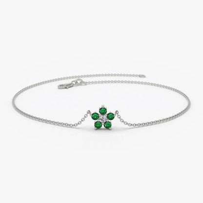 14K Solid Gold Round Emerald and Diamond Flower Charm Bracelet
