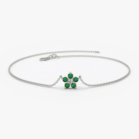 14K Solid Gold Round Emerald and Diamond Flower Charm Bracelet