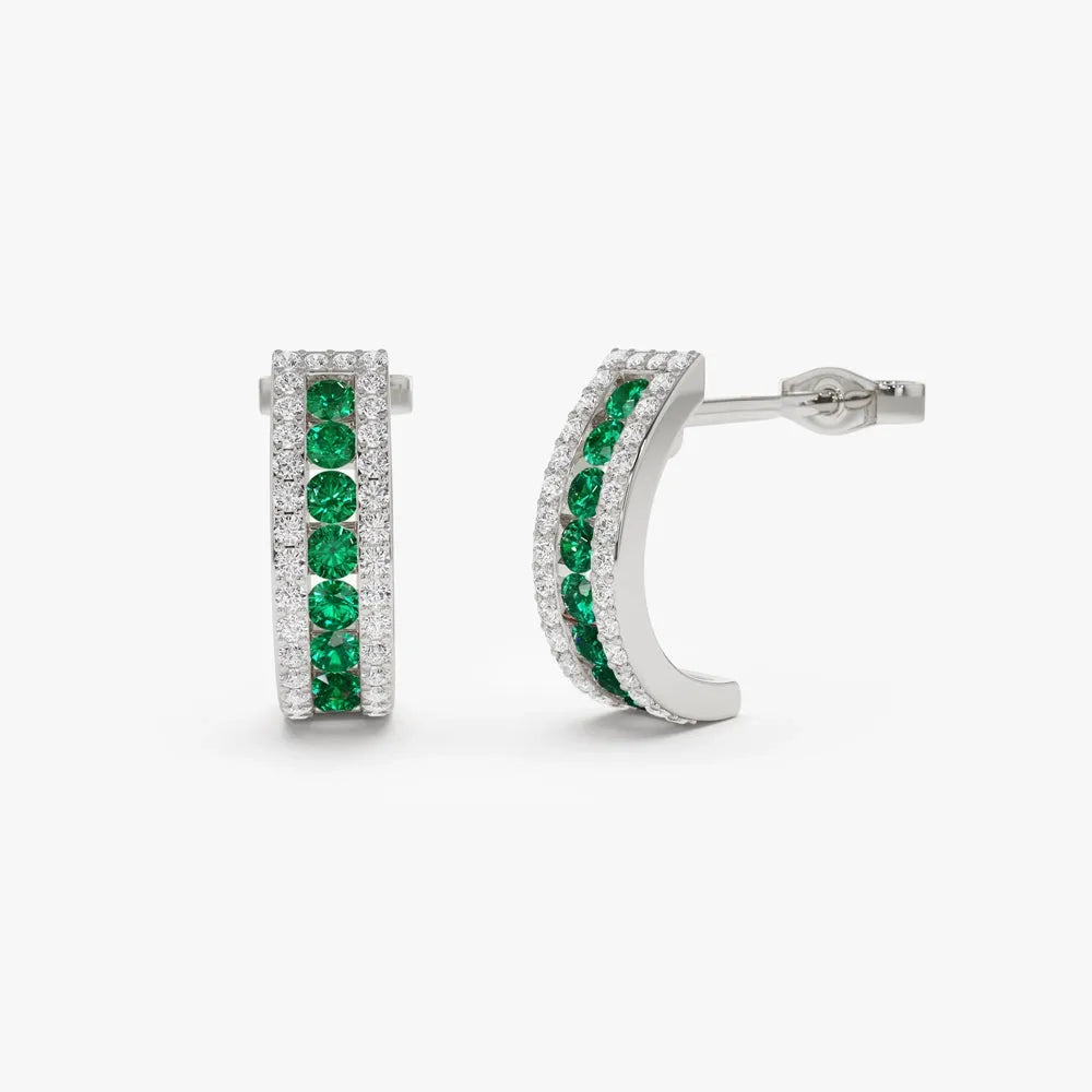 14k Solid Gold Round Emerald and Diamond Hoop Earrings 0.82 ctw