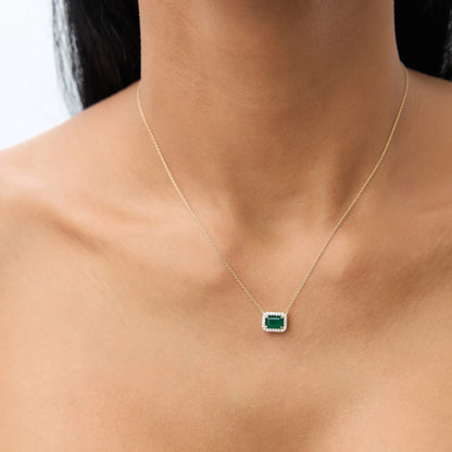14k Solid Yellow Gold Octagon Emerald 1.02 CTW and Round Diamond 0.12 CTW Halo Pendant Necklace