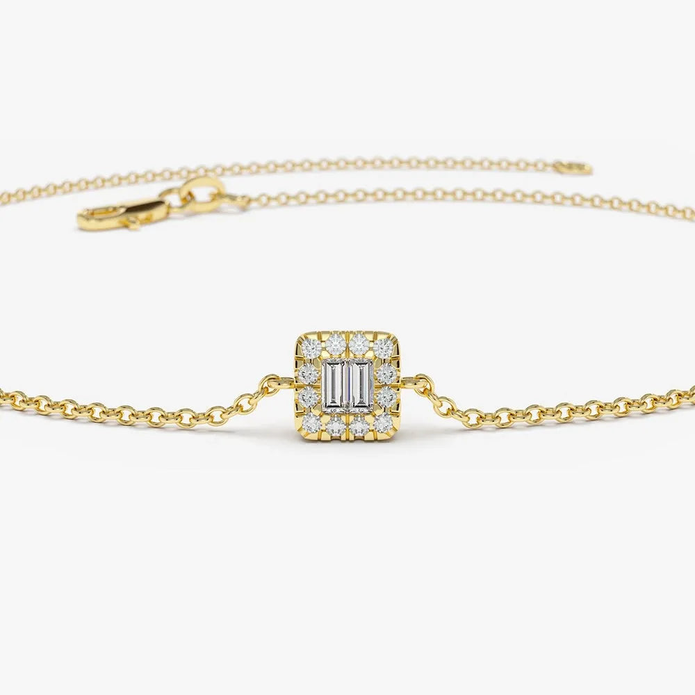14K Solid Gold Baguette and Round Diamond Station Bracelet 0.10 Carat