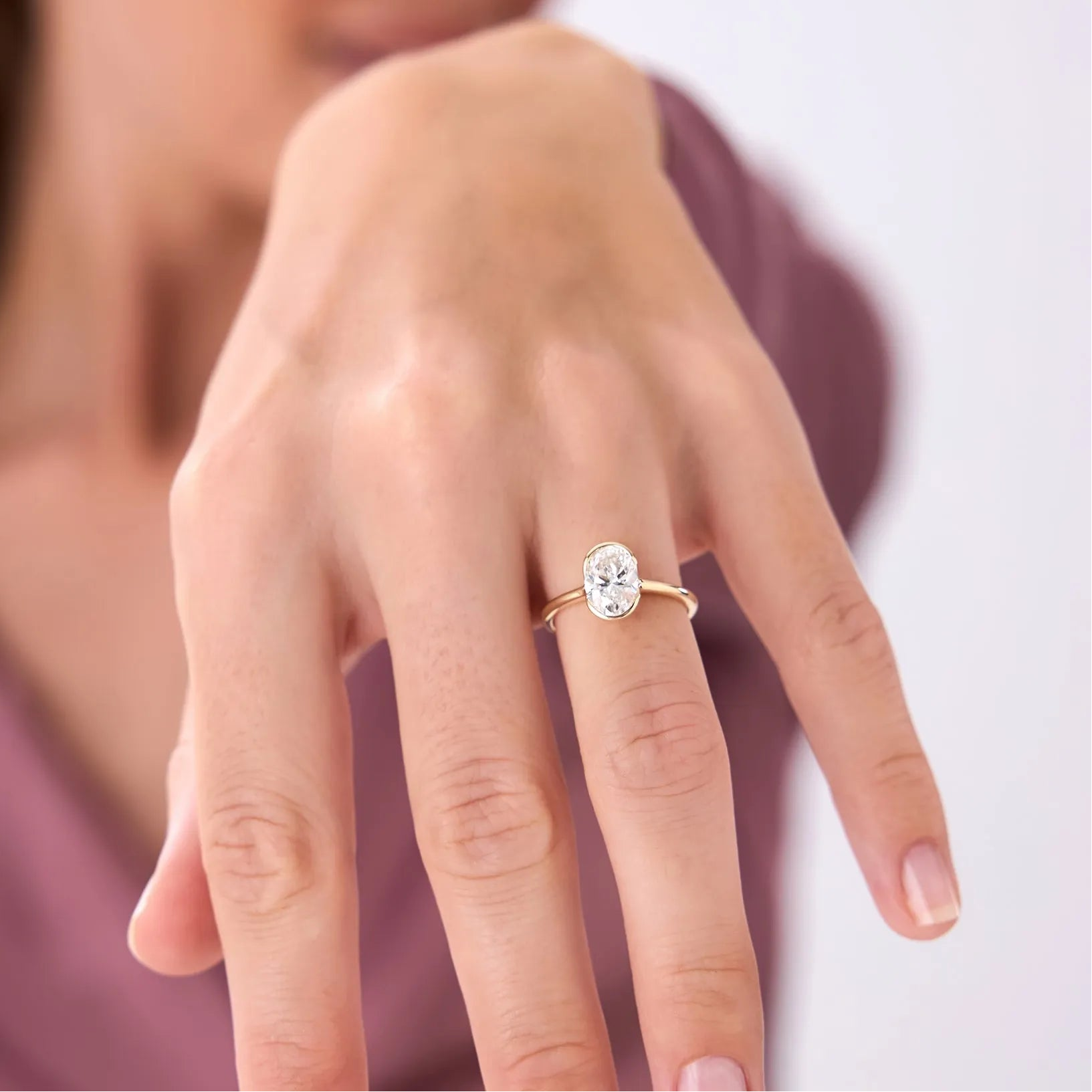14k Gold 1.5 Carat Oval Lab Grown Diamond Half Bezel Engagement Ring
