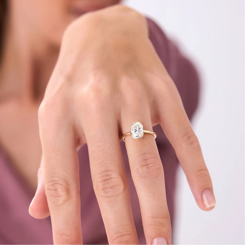 14k Gold 1.5 Carat Oval Lab Grown Diamond Half Bezel Engagement Ring