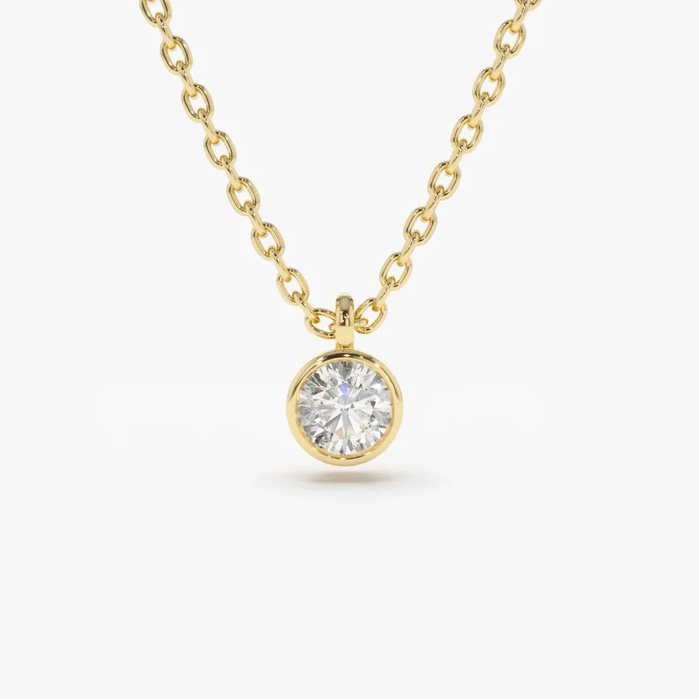 14k Solid Gold Round Diamond Solitaire Bezel Set Pendant Necklace