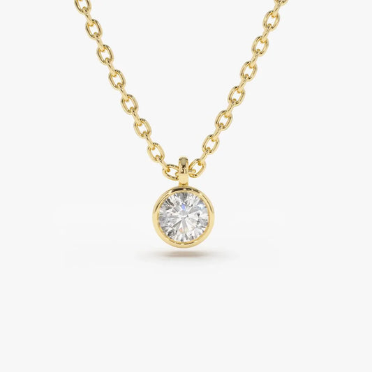 14k Solid Gold Round Diamond Solitaire Bezel Set Pendant Necklace