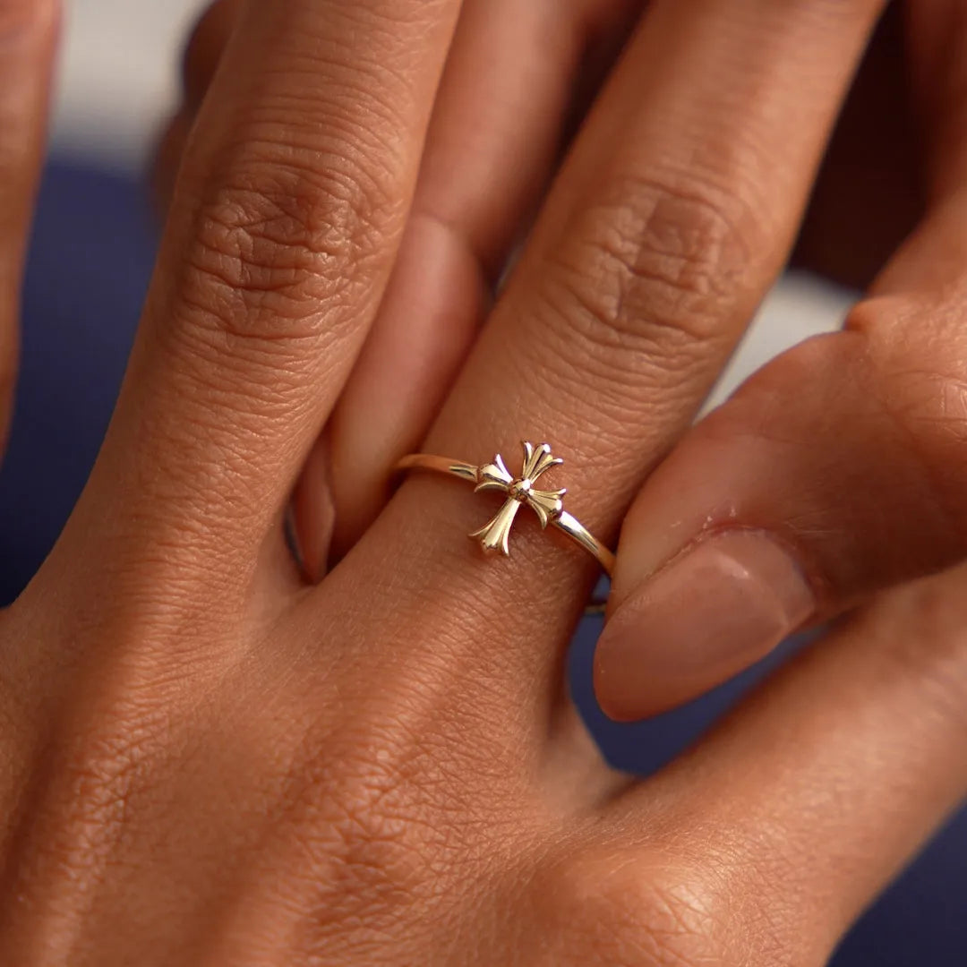 14k Gold Cathedral Cross Ring Wide Band with 9.2mm Motif