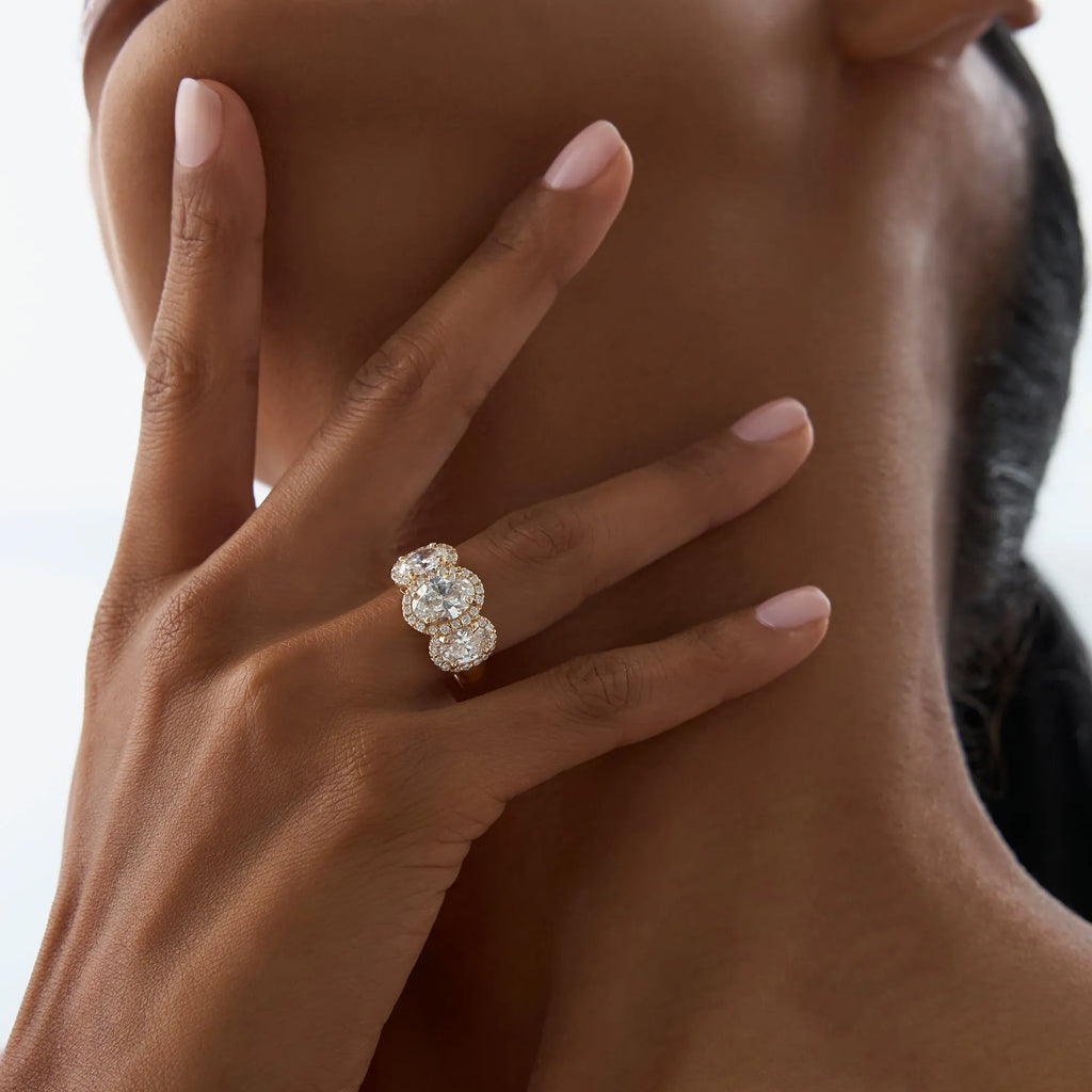 14K Gold 3.35 ctw Lab Grown Diamond Oval Cut Three Stone Halo Engagement Ring