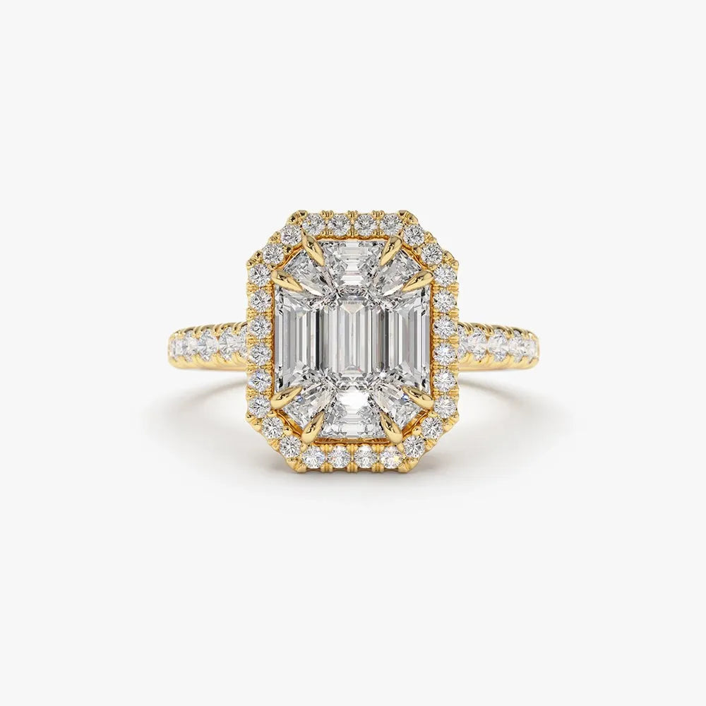 14k Gold 0.55 CTW Diamond Emerald Cut Illusion Halo Engagement Ring with Invisible Claw Setting