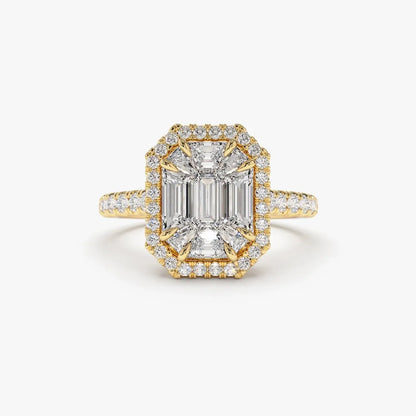 14k Gold 0.55 CTW Diamond Emerald Cut Illusion Halo Engagement Ring with Invisible Claw Setting