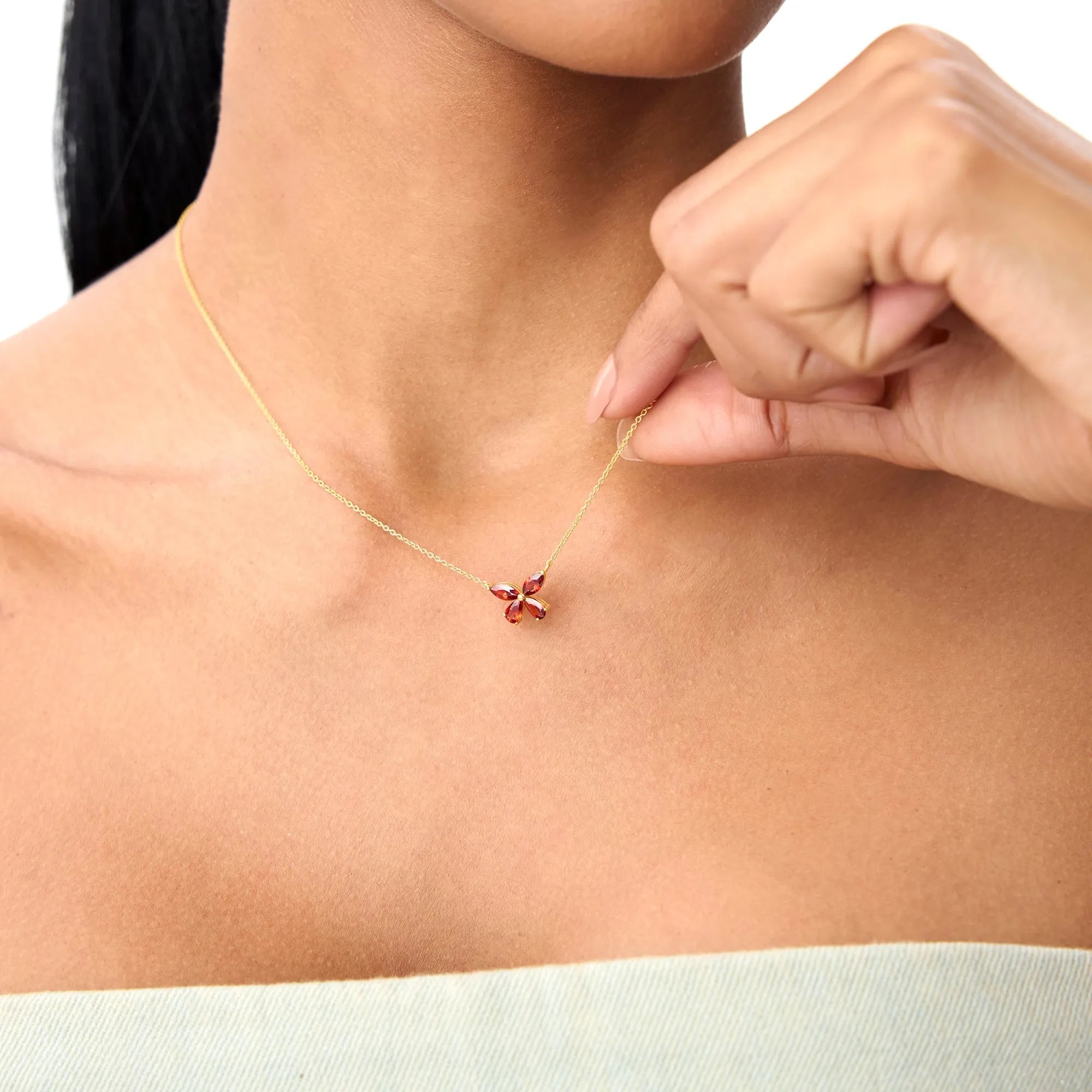 14k Solid Gold Garnet Pear and Marquise Butterfly Necklace 1.25 Carat