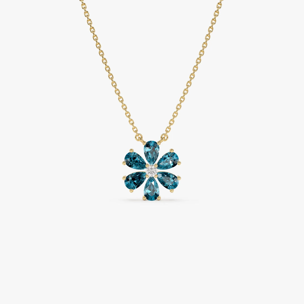 14k Solid Gold London Blue Topaz and Diamond Pear and Round Flower Necklace 1.35 Carat
