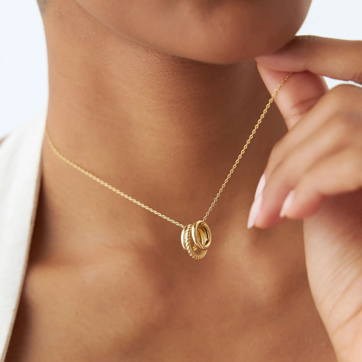 14k Solid Gold Three Ring Eternity Circle Necklace with Twisted and Plain Linked Detail