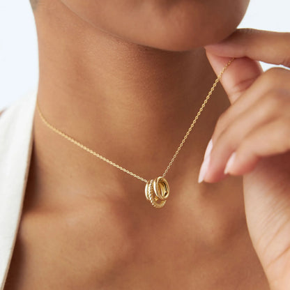 14k Solid Gold Three Ring Eternity Circle Necklace with Twisted and Plain Linked Detail