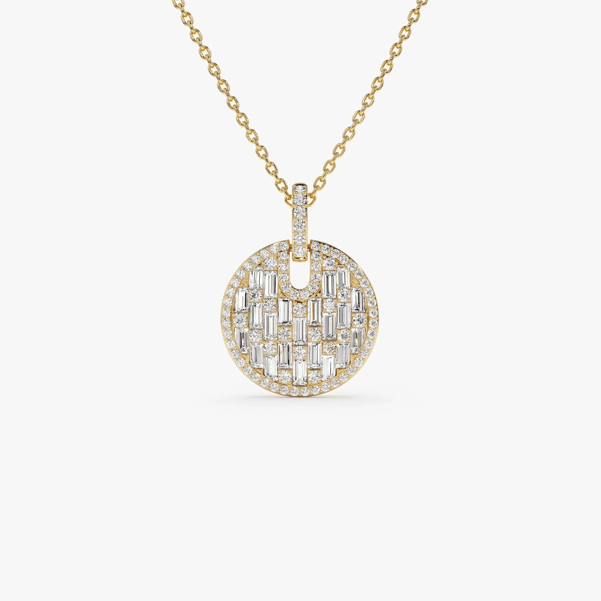 14K Solid Gold 0.80 CTW Baguette and Round Diamond Disc Necklace Prong Setting