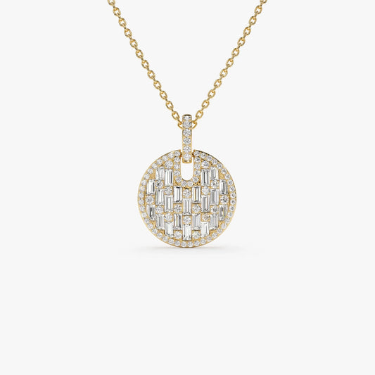 14K Solid Gold 0.80 CTW Baguette and Round Diamond Disc Necklace Prong Setting