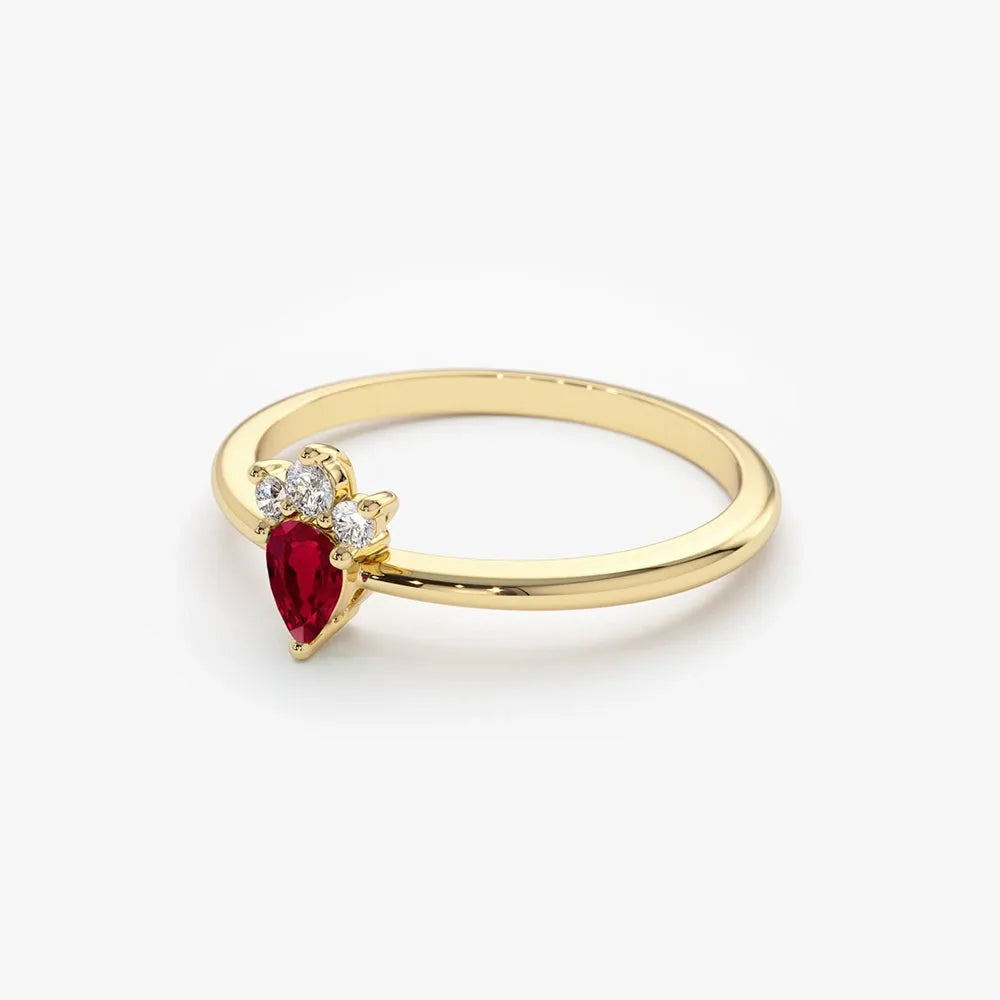 14k Gold Ruby and Diamond Pear and Round Cut Mini Ring 0.31 ctw