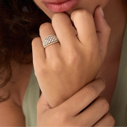 14k Solid Gold Baguette and Round Diamond 0.90 Carat Multi Row Statement Ring