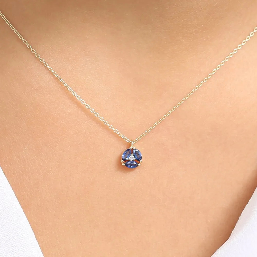 14k Solid Gold Marquise Sapphire 0.32 CTW and Round Diamond 0.01 CTW Cluster Necklace