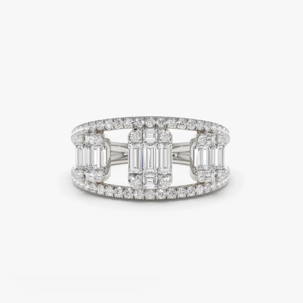 14K Gold 0.80 Carat Baguette and Round Diamond Illusion Setting Cocktail Ring