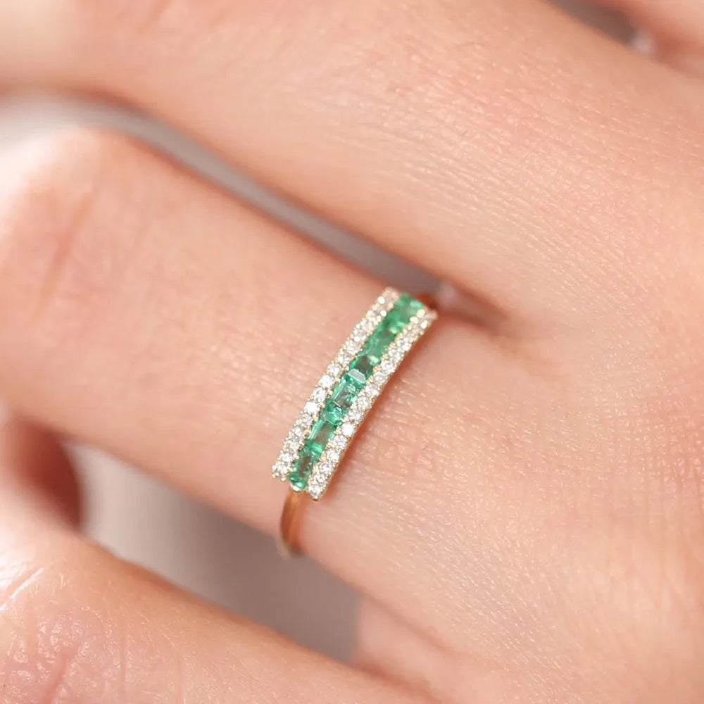 14K Solid Gold Baguette Emerald and Round Diamond Channel Micro Pave Ring 0.60 CTW