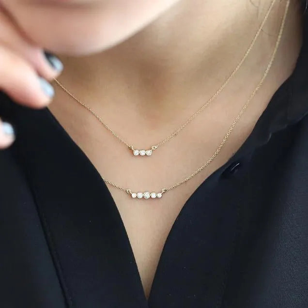 14K Solid Gold Round Diamond 3 Stone Horizontal Bezel Set Minimalist Necklace 0.10cttw