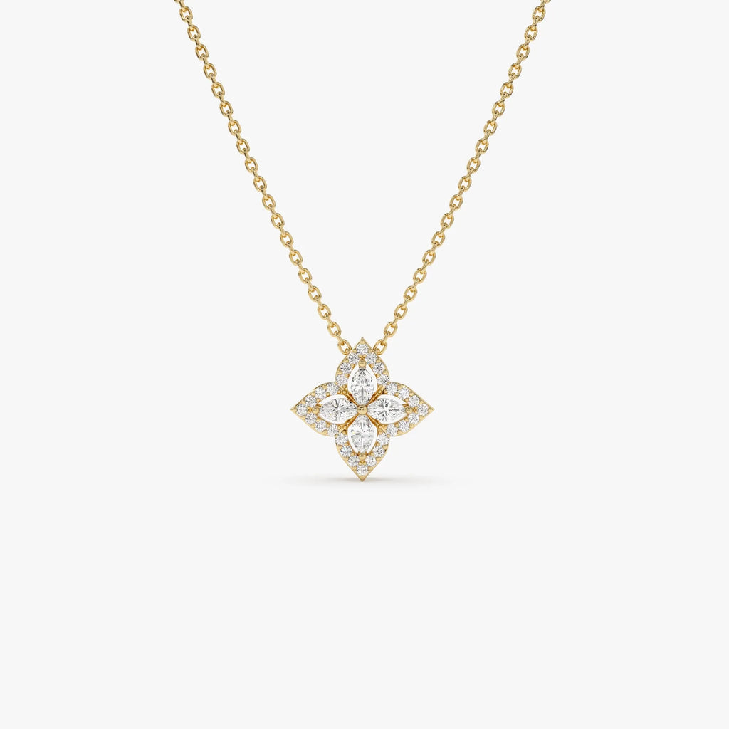 14K Solid Gold Baguette and Round Diamond Sunburst Pendant Necklace 0.40ctw