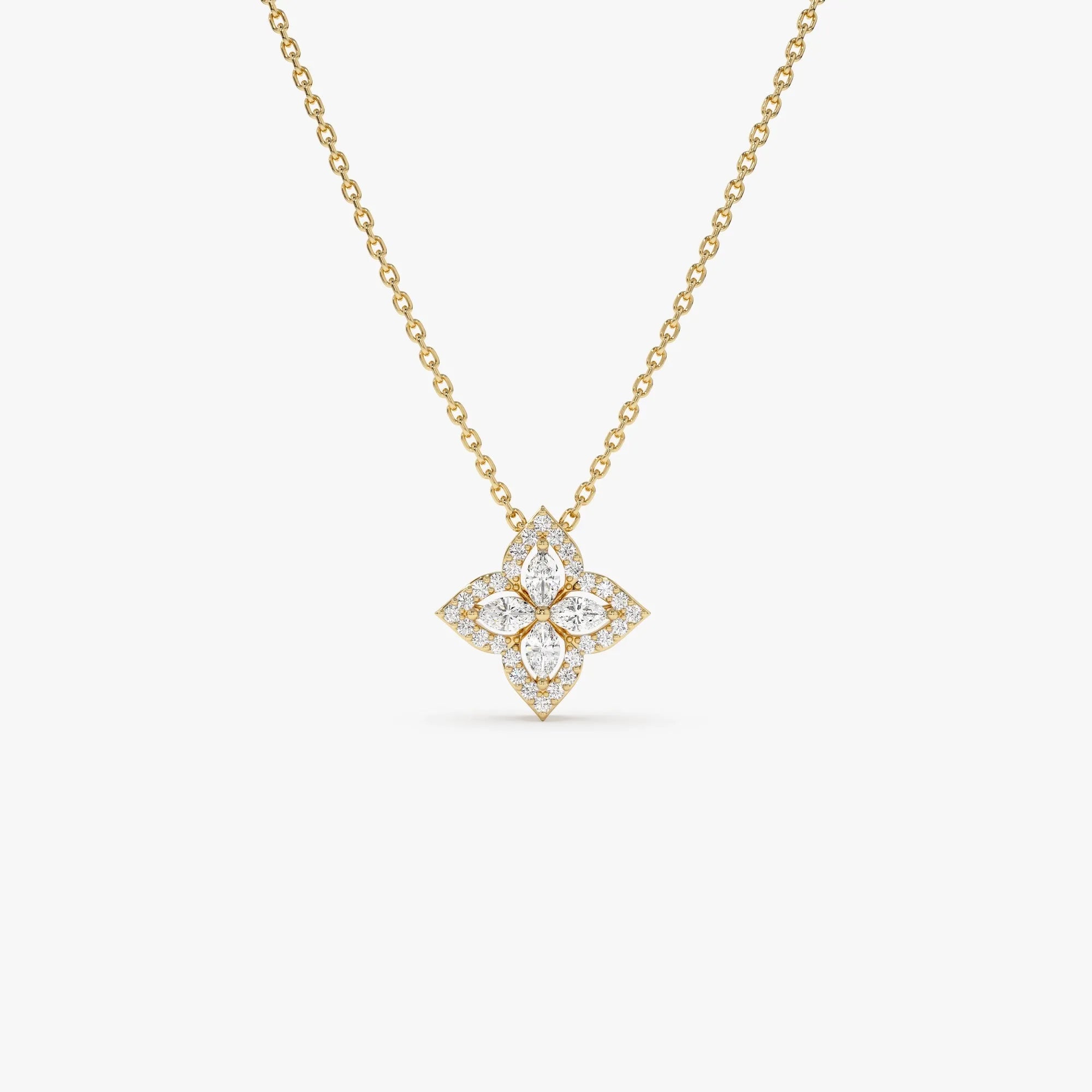 14K Solid Gold Baguette and Round Diamond Sunburst Pendant Necklace 0.40ctw