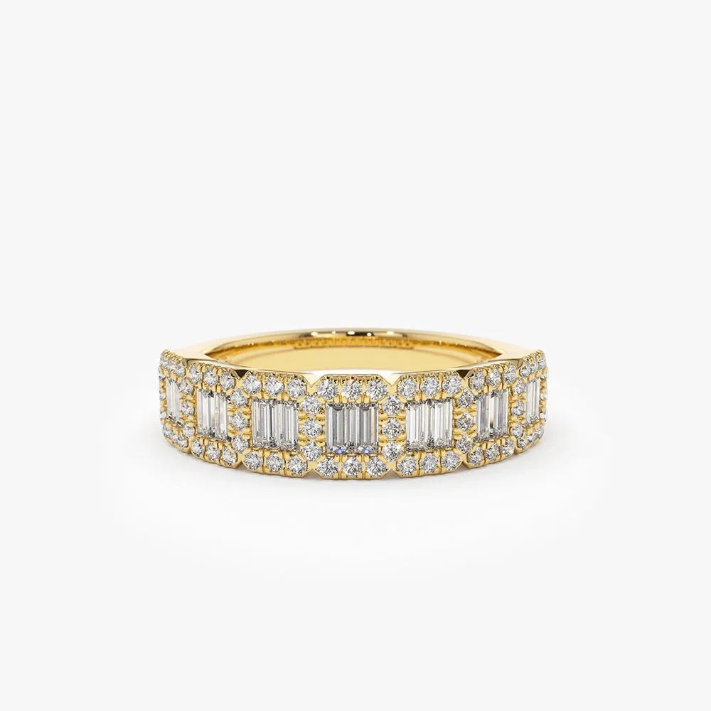 14K Gold Baguette and Round Diamond 0.70 ctw Channel Micro Pave Ring