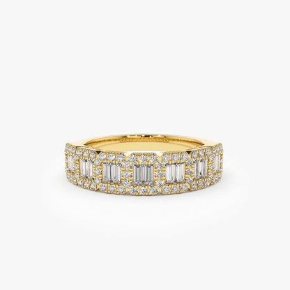14K Gold Baguette and Round Diamond 0.70 ctw Channel Micro Pave Ring