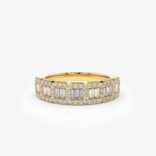 14K Gold Baguette and Round Diamond 0.70 ctw Channel Micro Pave Ring