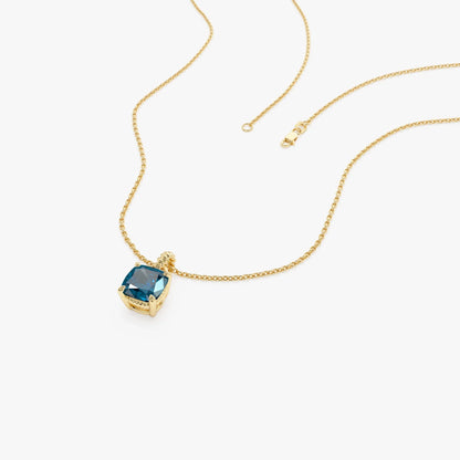 14k Solid Gold London Blue Topaz Cushion Cut Solitaire Necklace 1.20 Carat