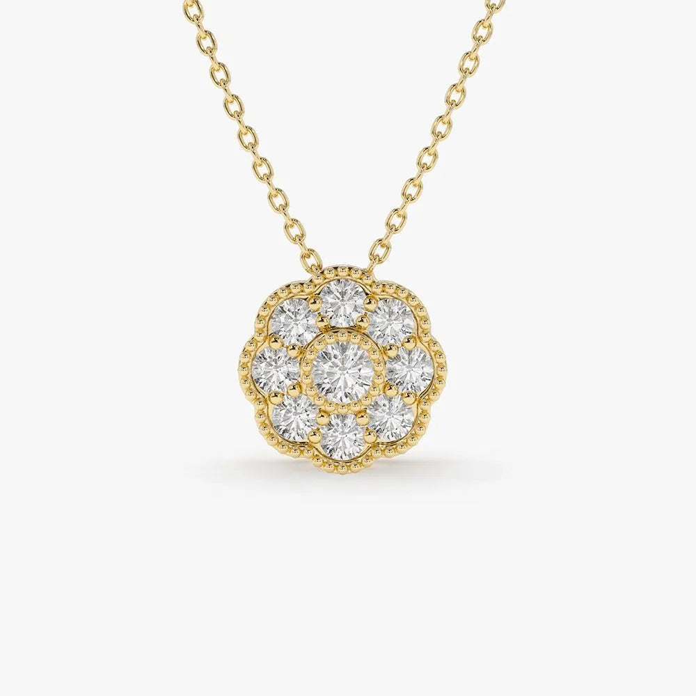 14K Solid Gold Round Diamond Floral Pendant Necklace 0.35ctw