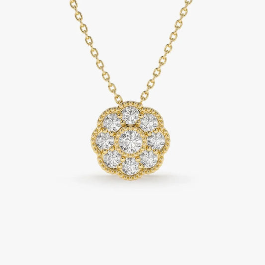 14K Solid Gold Round Diamond Floral Pendant Necklace 0.35ctw