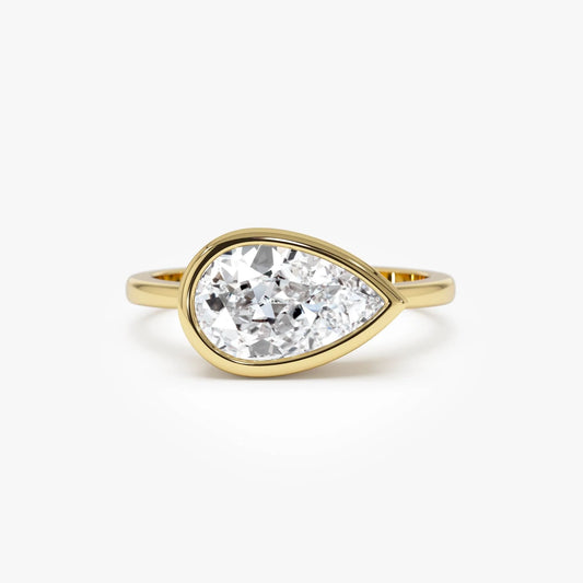14K Gold 1.50 Carat Lab Grown Diamond Pear Shaped East West Bezel Setting Engagement Ring