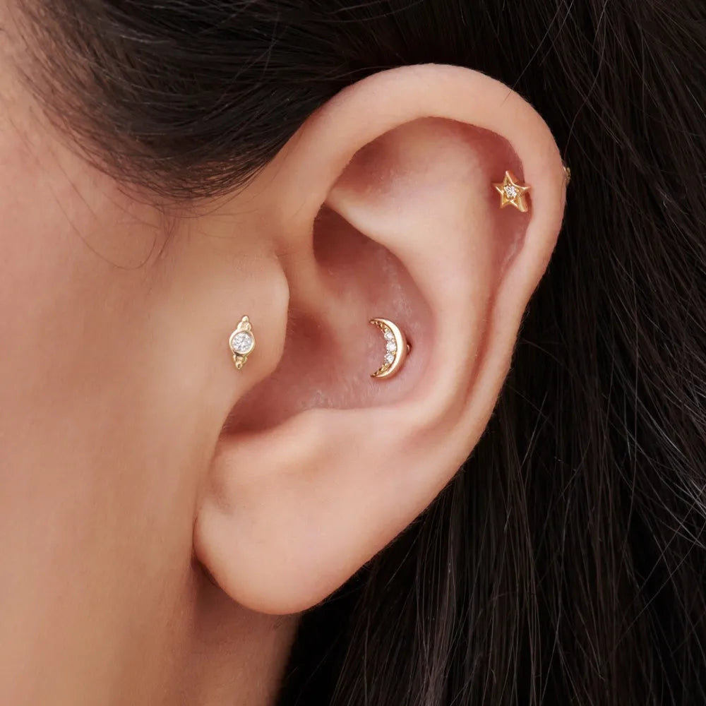 14k Gold Diamond Round Cut Six Dot Helix Piercing Single Earring 0.04 ctw