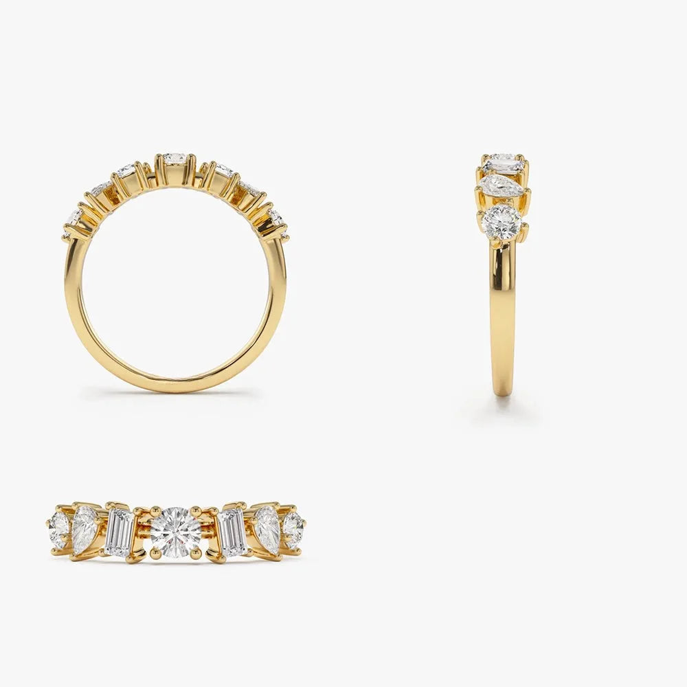 14k Gold Diamond Mixed Round Baguette and Pear Cut 0.77 Ctw Prong Set Ring