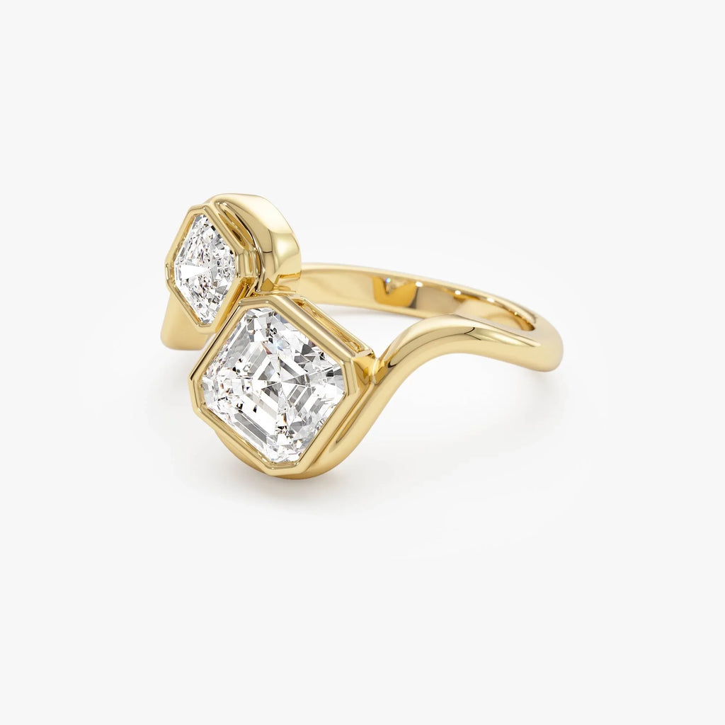 14k Gold 2.10 Ctw Lab Grown Diamond Asscher and Round Bezel Set Toi et Moi Ring