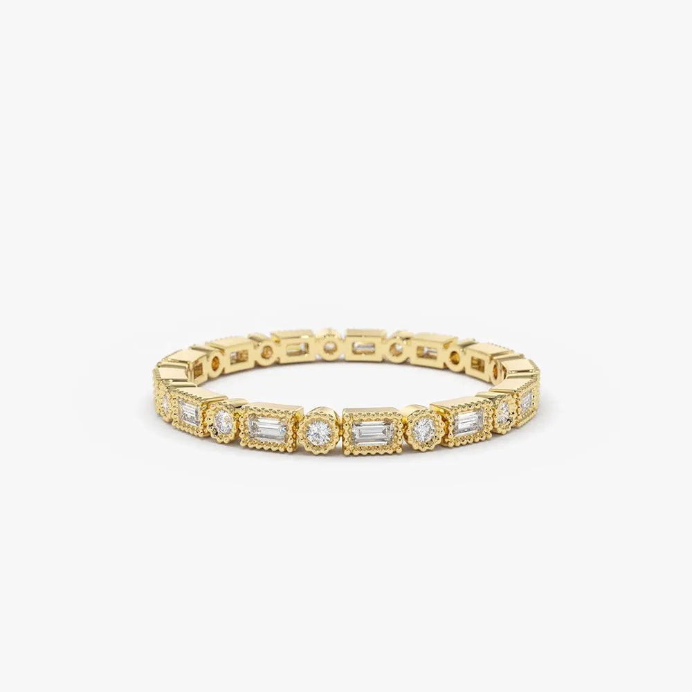 14K Gold 0.50 Carat Baguette and Round Diamond Milgrain Bezel Full Eternity Ring