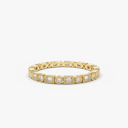 14K Gold 0.50 Carat Baguette and Round Diamond Milgrain Bezel Full Eternity Ring