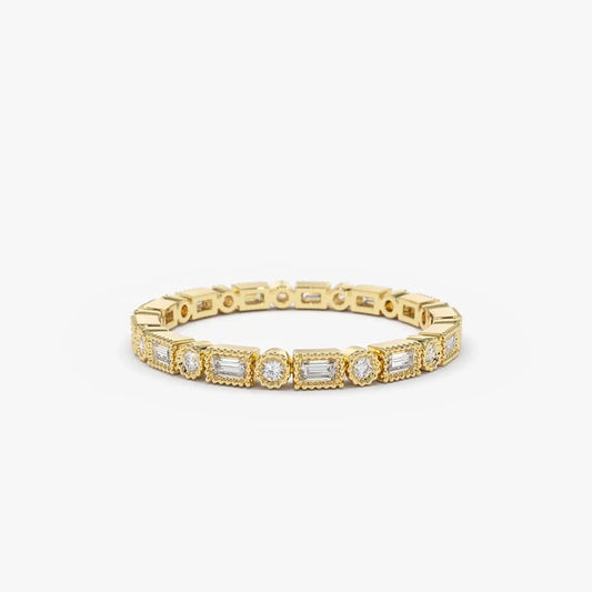 14K Gold 0.50 Carat Baguette and Round Diamond Milgrain Bezel Full Eternity Ring