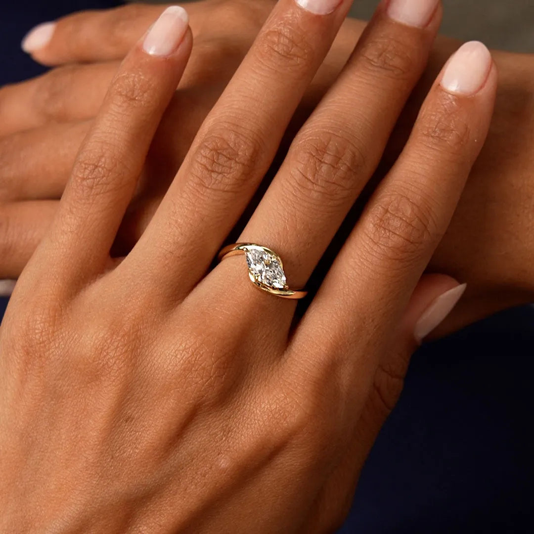 14k Gold Lab Grown Diamond Marquise Cut 1.00 Carat Criss Cross Solitaire Ring