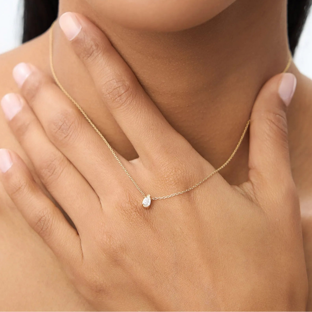 14K Solid Gold Pear Shape Diamond Solitaire Necklace Prong Setting 0.23ctw