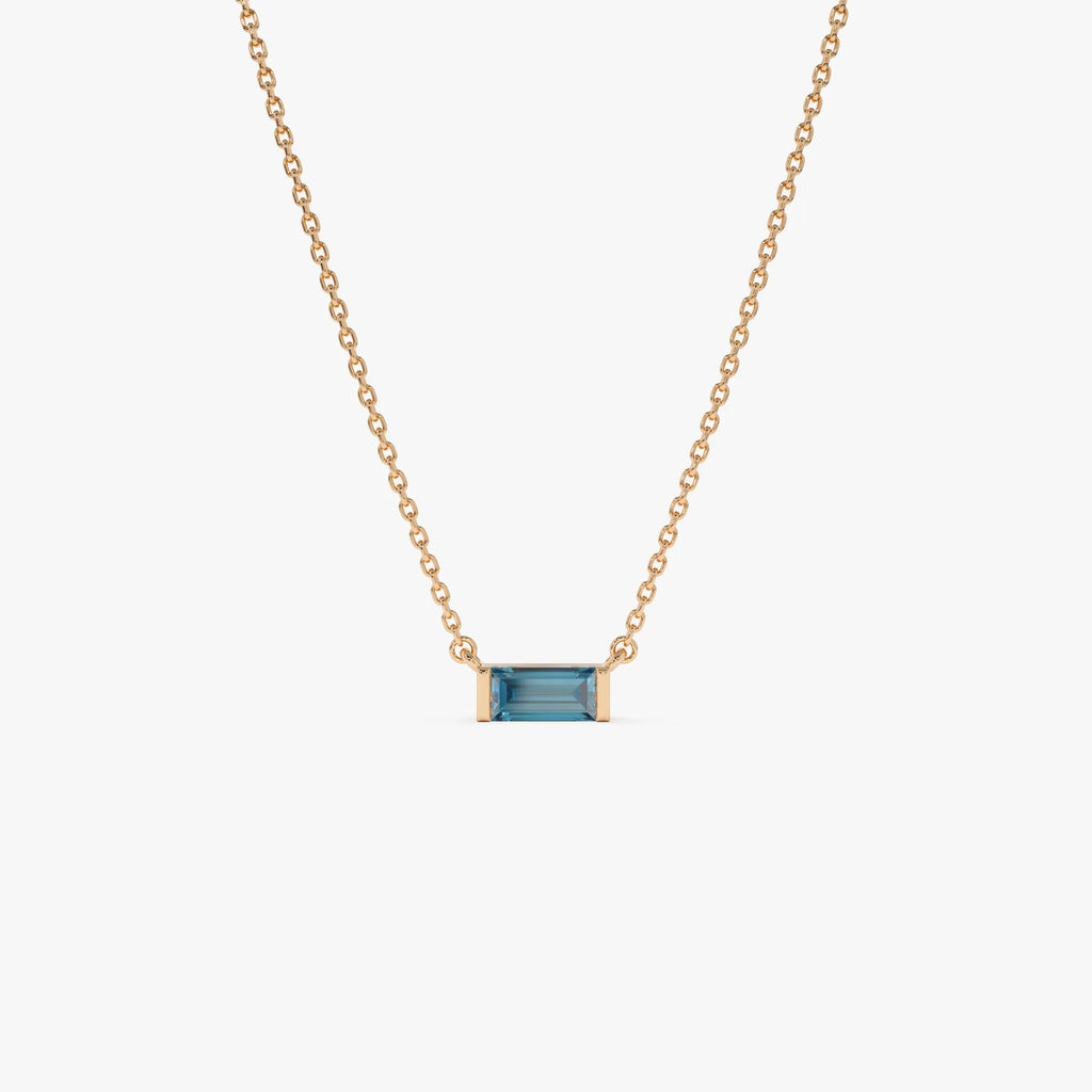 14k Solid Gold London Blue Topaz Baguette Birthstone Necklace 0.45 Carat
