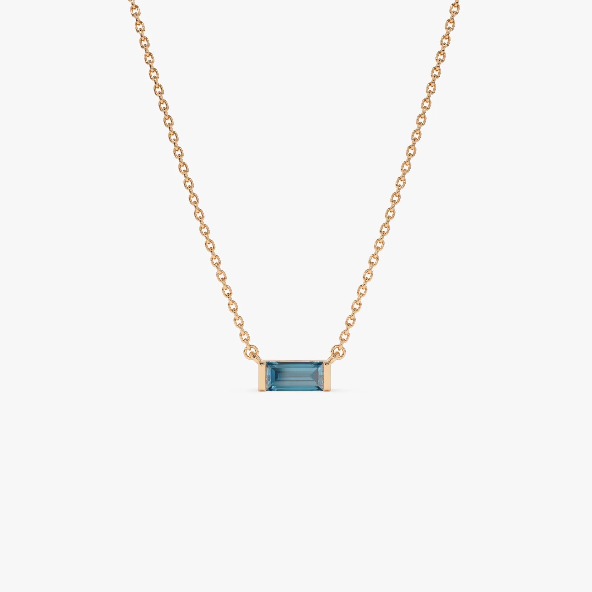 14k Solid Gold London Blue Topaz Baguette Birthstone Necklace 0.45 Carat