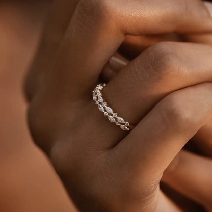 14k Gold Diamond Marquise and Round Double Row Alternating Shared Prong Ring 0.55 Carat