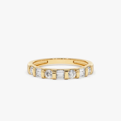 14K Solid Gold Double Baguette and Round Diamond 0.50 Carat Wedding Ring