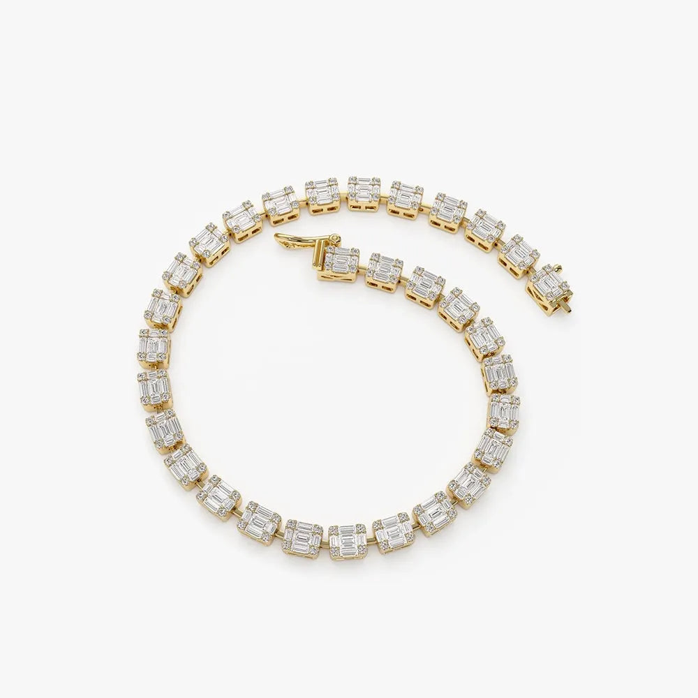 14K Solid Gold 2.43 CTW Baguette and Round Diamond Illusion Setting Tennis Bracelet