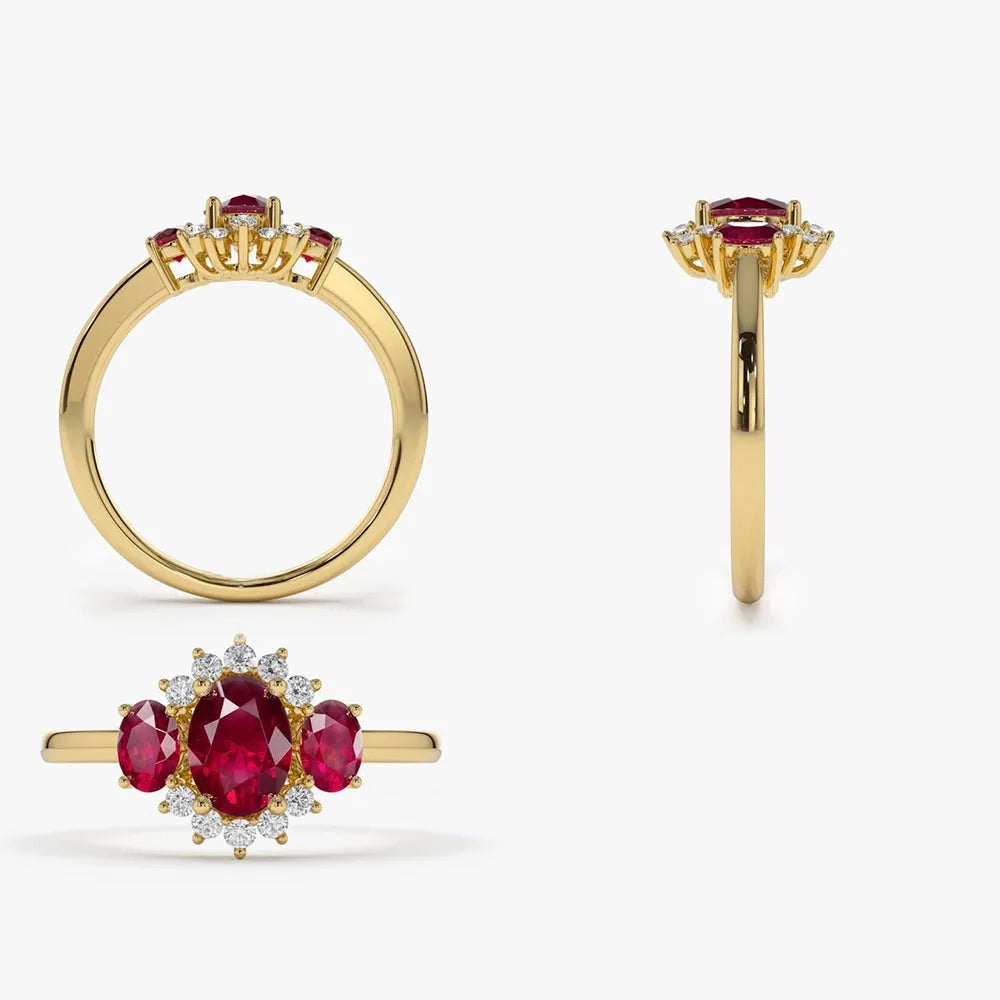 14k Gold Ruby and Diamond Oval Cut Three Stone Cluster Ring 1.39 ctw