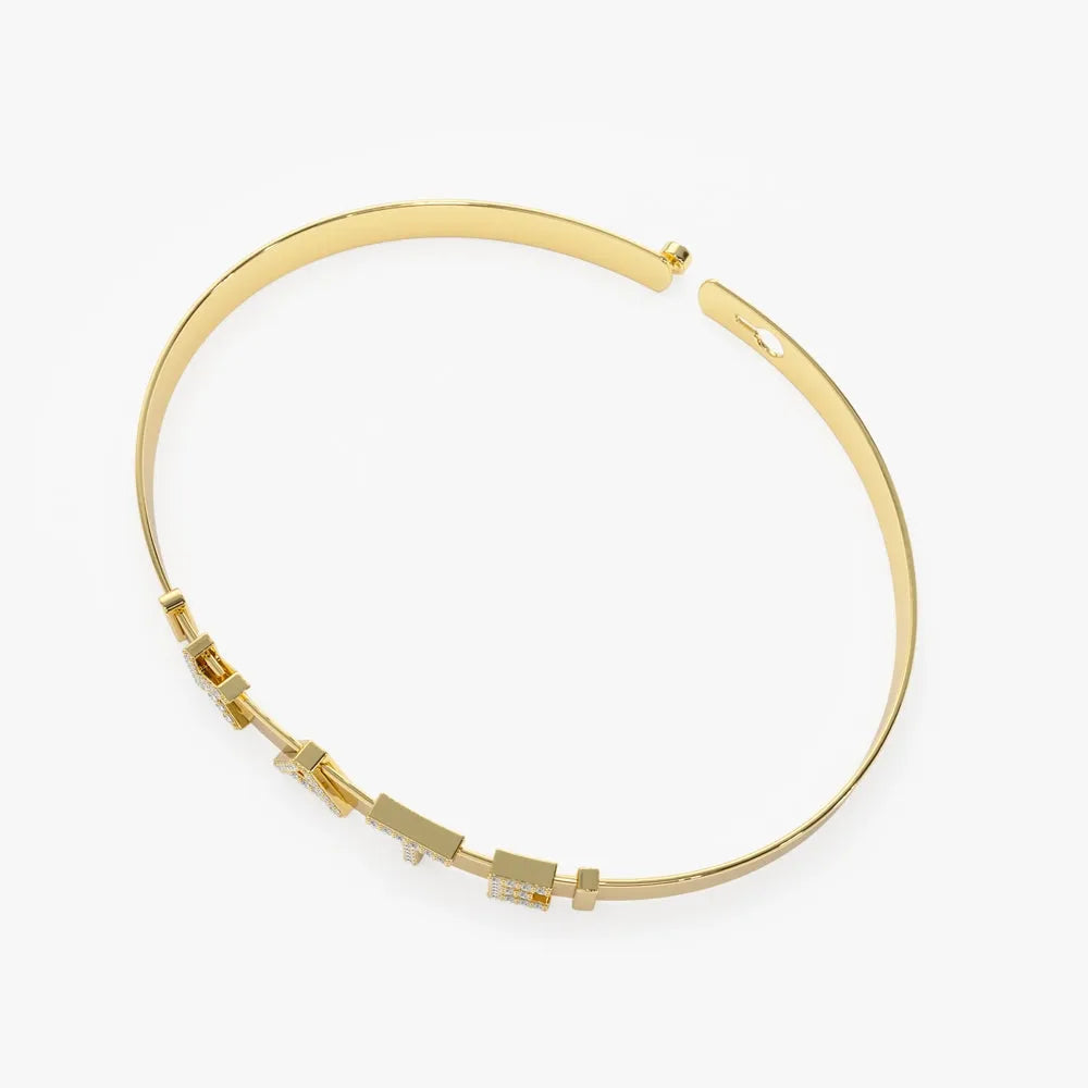 14K Solid Gold Round Diamond Sliding Initial Bangle